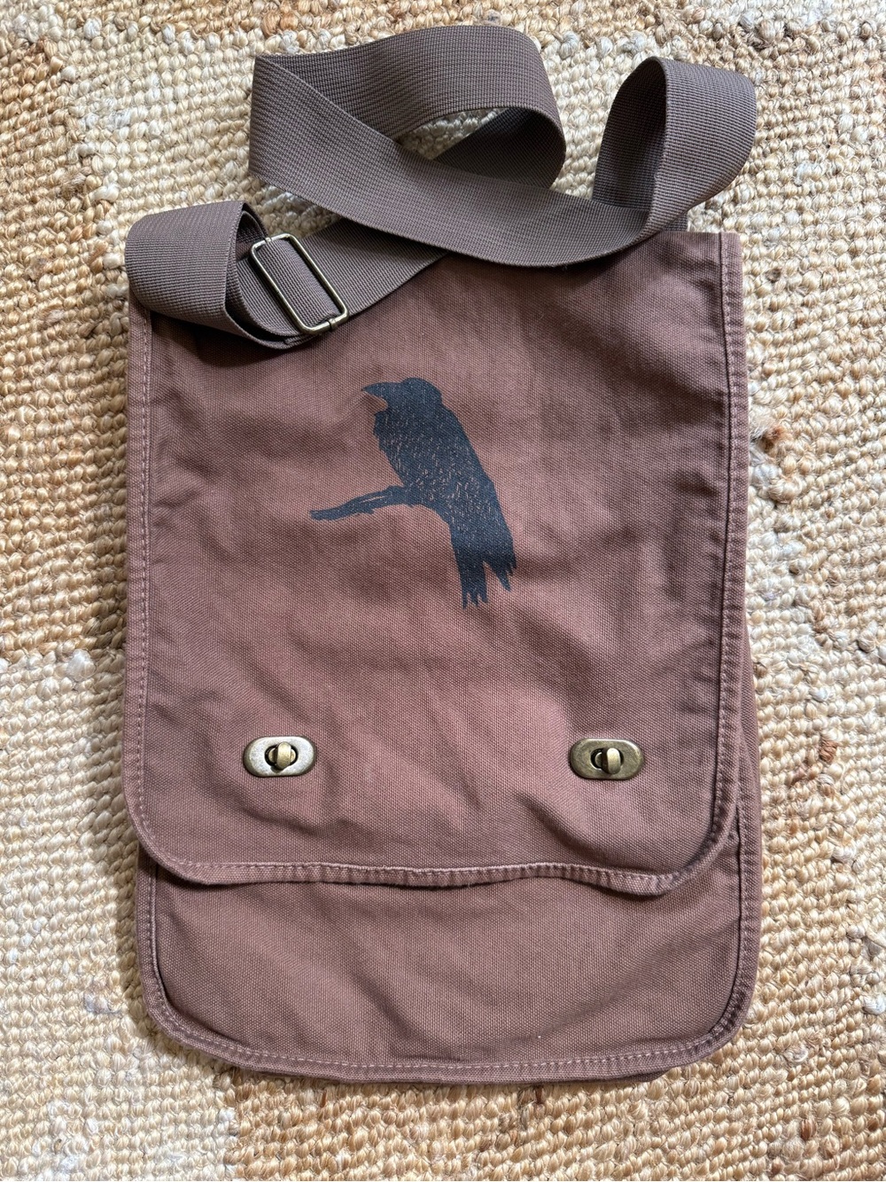 Brown Canvas Messenger Bag with Raven Print